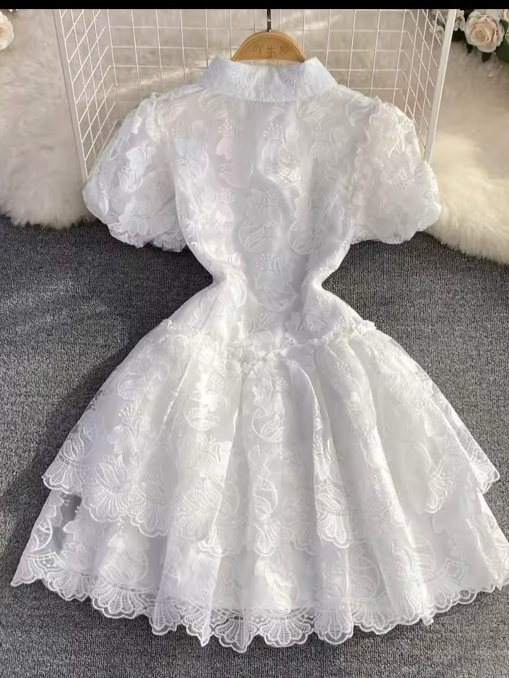 White Lace Puff-Sleeve Mini Dress with Pearl Buttons - Picture 3 of 4